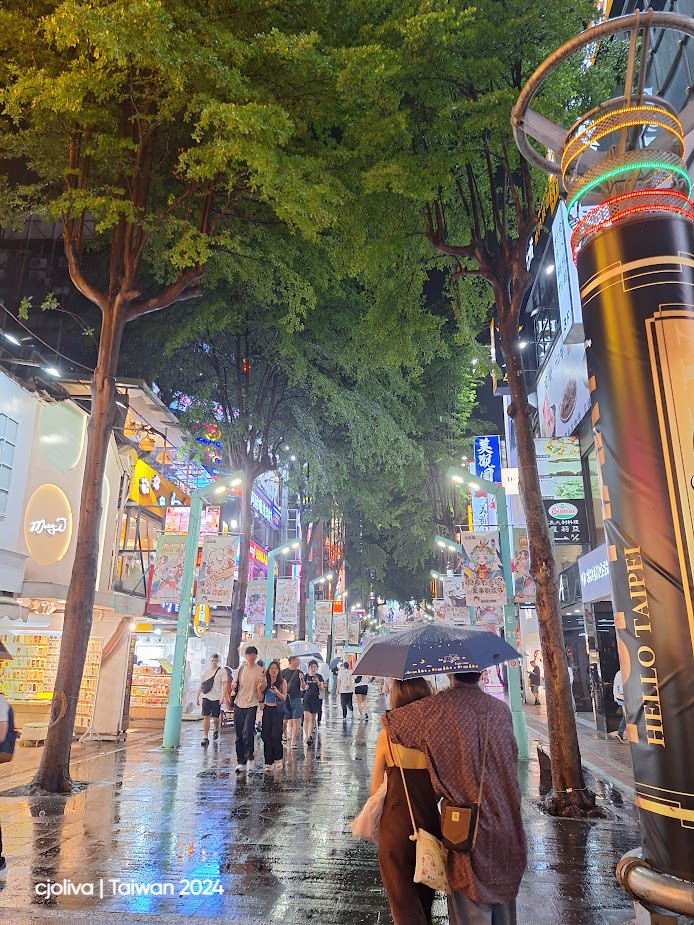 Night street scene in Taipei with neon signs, the HELLO TAIPEI column, umbrellas on wet pavement, and people walking under colorful lights.