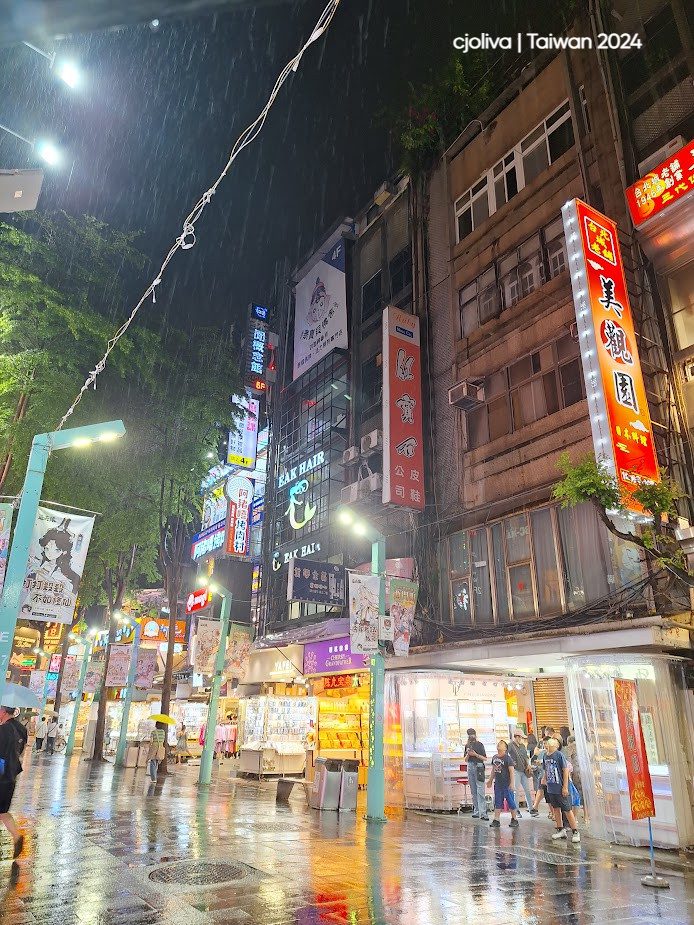 Rainy night street in Taipei with pedestrians under umbrellas, neon signs in Chinese characters, wet pavement reflecting colorful lights, and EAK HAIR salon signage.