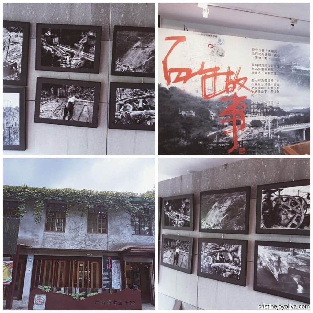 A collage of black-and-white archival photos of coal miners and equipment displayed inside Jingtong Museum, Taiwan.