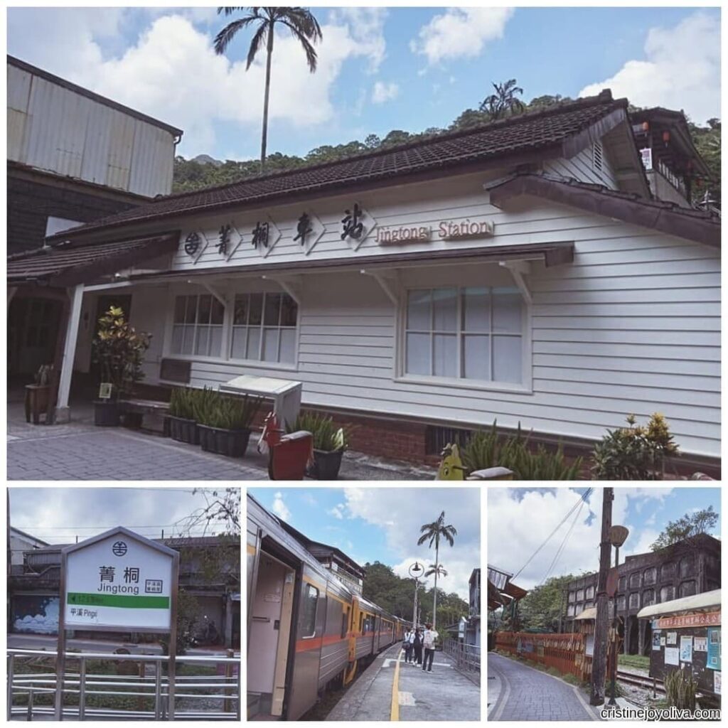 A collage of Jingtong Station's wooden facade, directional sign, mural artwork, and a train at the platform, Taiwan.