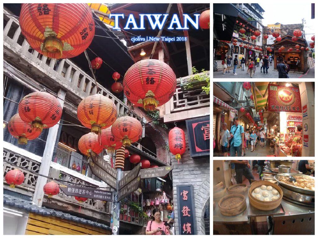 Collage of Jiufen Old Street in New Taipei, Taiwan, showing lantern-lit alleys, traditional buildings, bustling shops, tourists, and steamed dumplings, taken in 2018