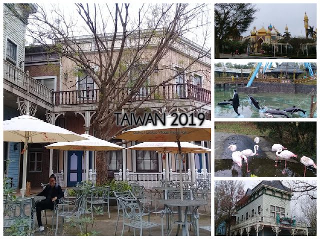 A collage of photos from Leofoo Village Theme Park in Taiwan, featuring Western-style saloon buildings, an Arabian-themed palace, flamingos in a pond, and a dolphin-themed water attraction.