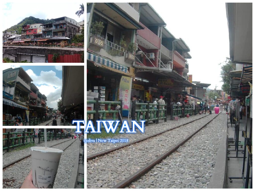 Collage of Shifen Old Street in New Taipei, Taiwan, showing railway tracks running through a busy street with colorful buildings, shops, and people, taken in 2018