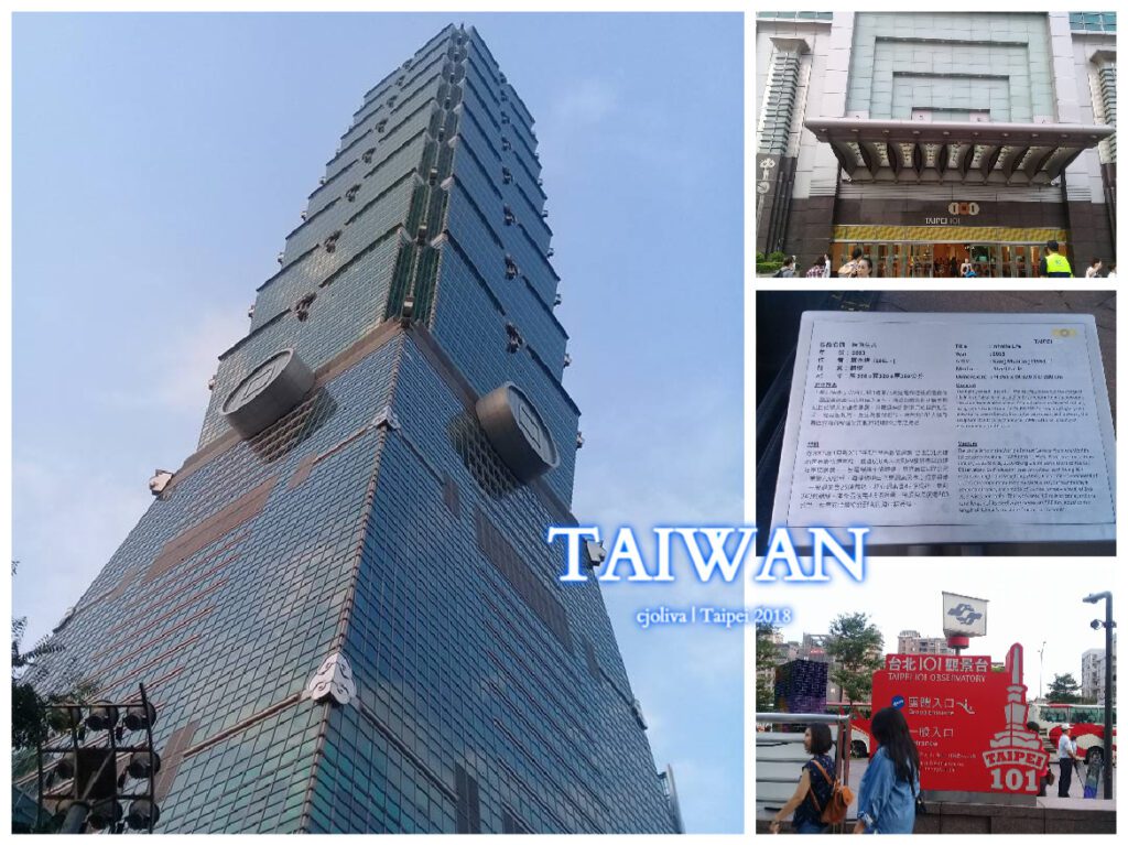 Collage of the Taipei 101 skyscraper in Taiwan showing a dramatic upward view of tiered green glass architecture, an entrance with visitors, observatory signage, and an info panel with building details.