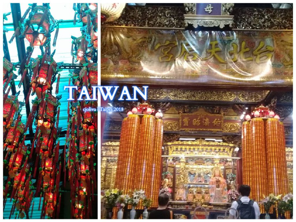 Taipei Tianhou Temple interior with ornate golden carvings, statues, prayer stick towers, floral offerings, and illuminated red lanterns hanging above worshippers.