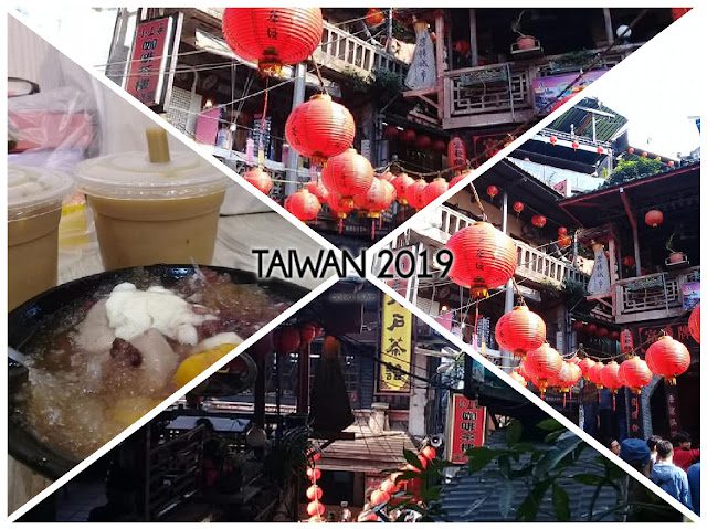 Collage of Jiufen, Taiwan, featuring traditional lantern‑lined streets, wooden East Asian architecture, signage in Chinese characters, iced drinks on a table, and a bowl of shaved ice dessert with sweet toppings and fruit.