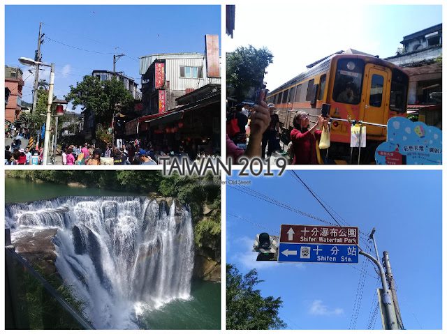 Collage of Shifen, Taiwan featuring Old Street with red lanterns, Shifen railway with yellow‑orange train, Shifen Waterfall surrounded by greenery, and street sign pointing to Shifen Waterfall Park and Station.