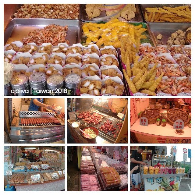 Collage of Taiwanese street food stalls showing fried snacks, grilled skewers, candied fruits, dried goods, packaged sweets, and colorful drinks, taken in 2018