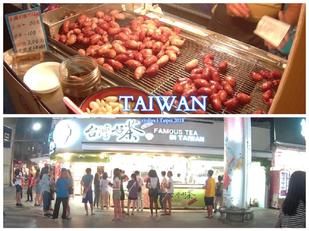 Collage of a Taiwanese street food stall grilling sausages with garlic and condiments and a popular tea shop in Taipei with signage reading "Famous Tea in Taiwan."