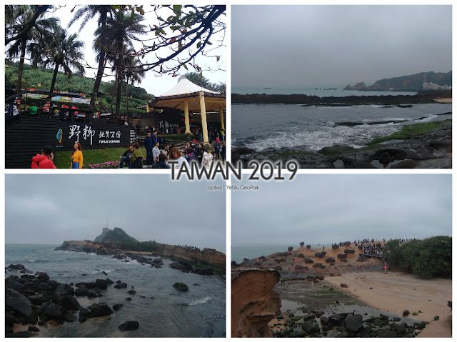 Collage of Yehliu Geopark, Taiwan, featuring entrance signage, rocky coastline with waves, coastal outcrop with hilltop structure, and sandy terrain with mushroom‑shaped rock formations and visitors.
