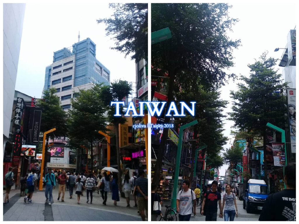 Ximending pedestrian district in Taipei, Taiwan, with crowds walking past shops, signage including THE FACE SHOP and THE CONNECT, tall buildings, and a colorful urban atmosphere.