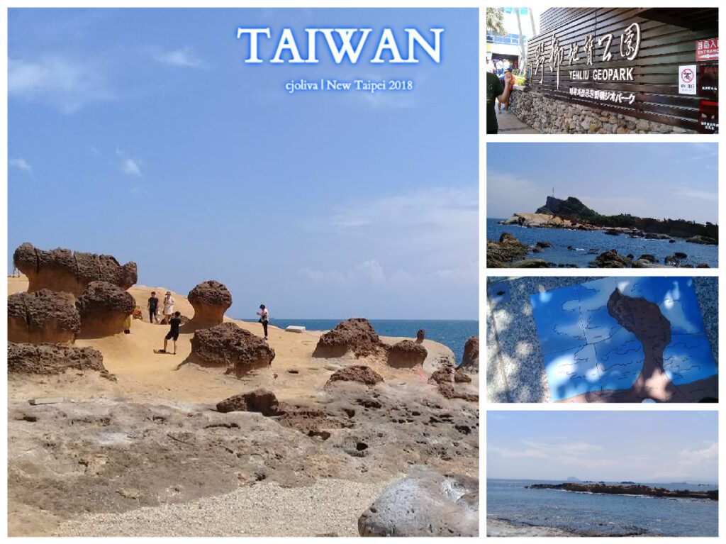 Collage of Yehliu Geopark in New Taipei, Taiwan, featuring hoodoo rock formations, coastline views, entrance sign, and Queen’s Head illustration, taken in 2018