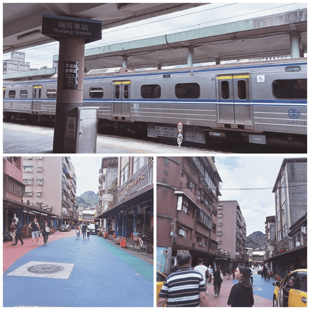 Collage of Ruifang Station in New Taipei, Taiwan, featuring a silver train with a blue stripe at the platform, station signage, a speed limit marker, and colorful pedestrian streets lined with brick and concrete buildings against a green hillside.