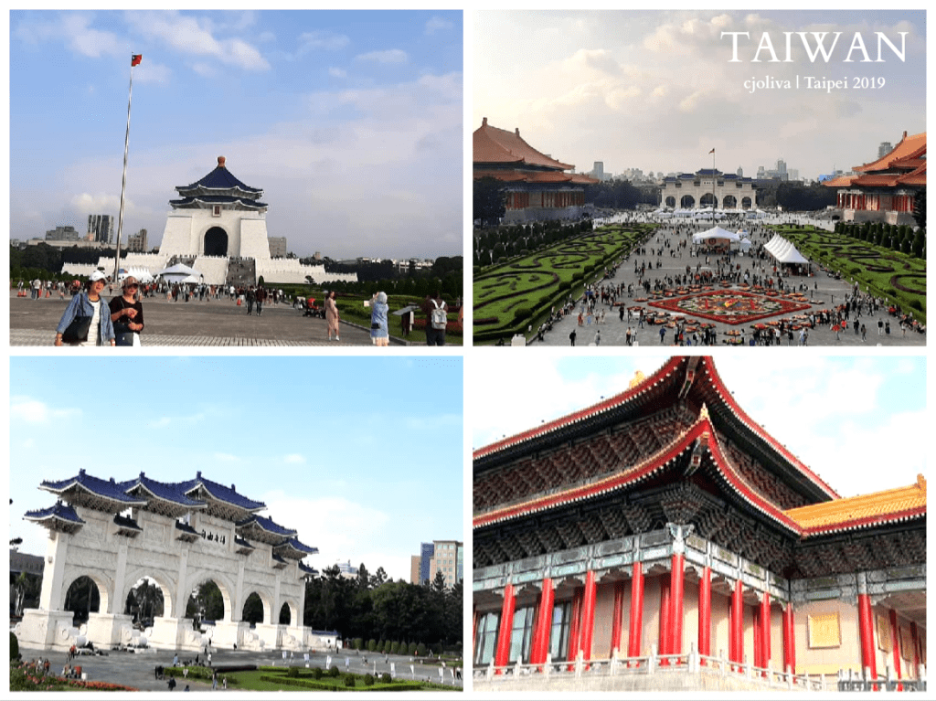 A collage of four photos showcasing the Chiang Kai-shek (CKS) Memorial Hall in Taipei, Taiwan. Images include the main blue-roofed memorial building, the Liberty Square archway, the National Concert Hall with its traditional red pillars, and a high-angle view of the manicured gardens and courtyard.