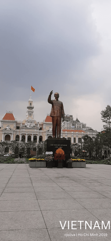 A bronze statue of Ho Chi Minh in a public square is a perfect starting point to explore Vietnam Street Food and Culture in the heart of Saigon.