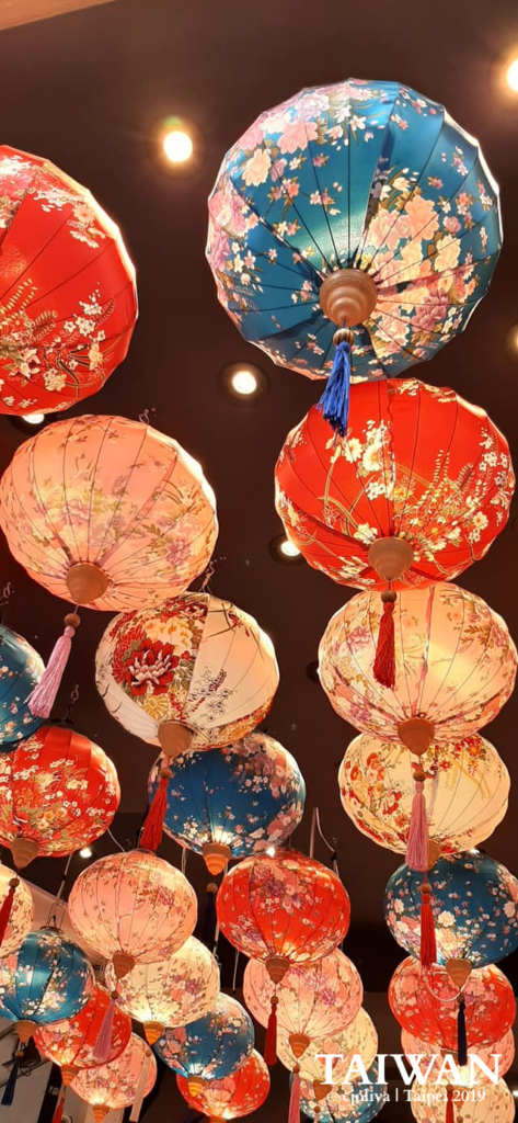 Colorful hanging lanterns with floral patterns at Longshan Temple in Taipei, Taiwan.