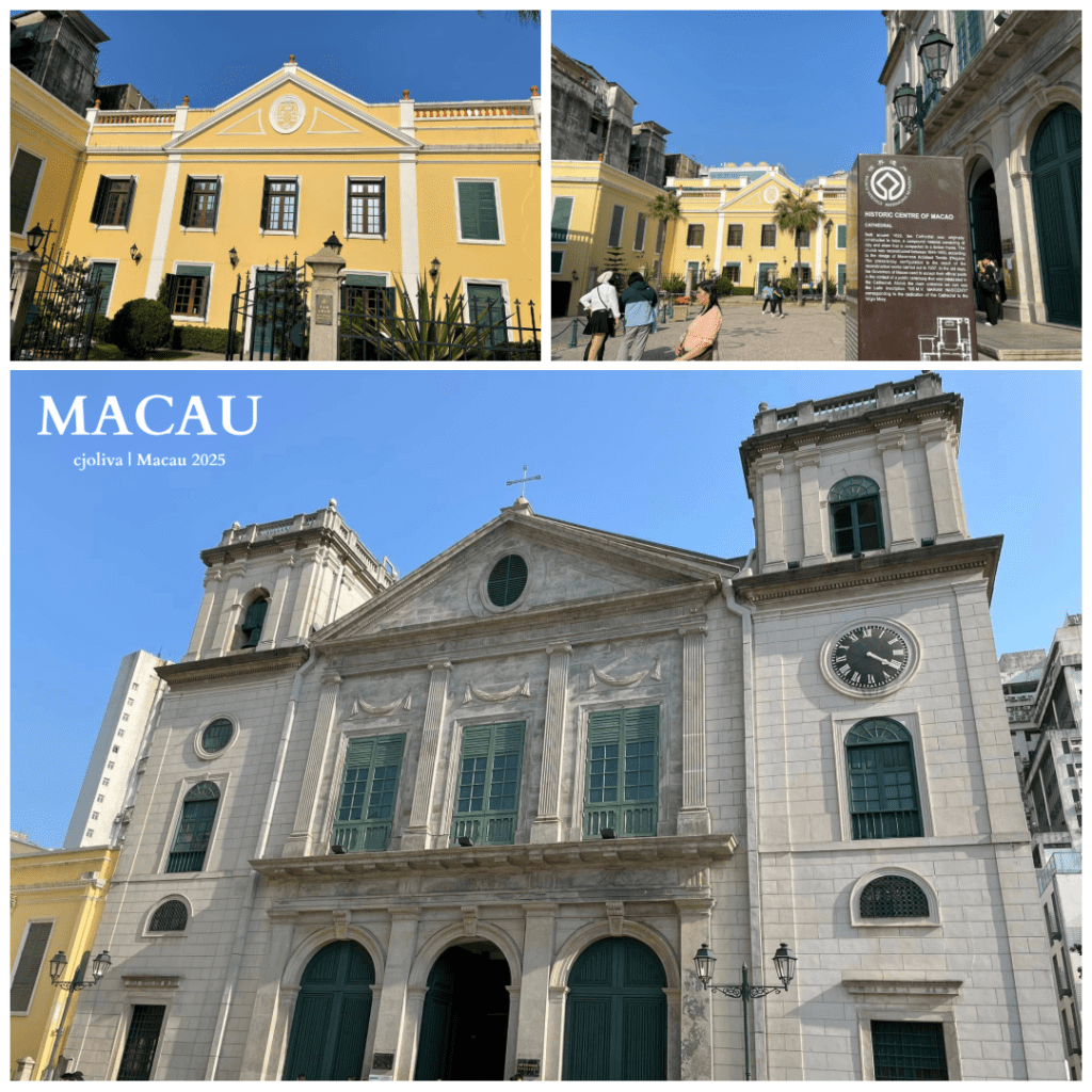 A collage of three photos showing the Macau Cathedral’s grey stone neoclassical facade with its twin bell towers and clock and the adjacent vibrant yellow colonial-style Bishop's Palace under a clear blue sky.