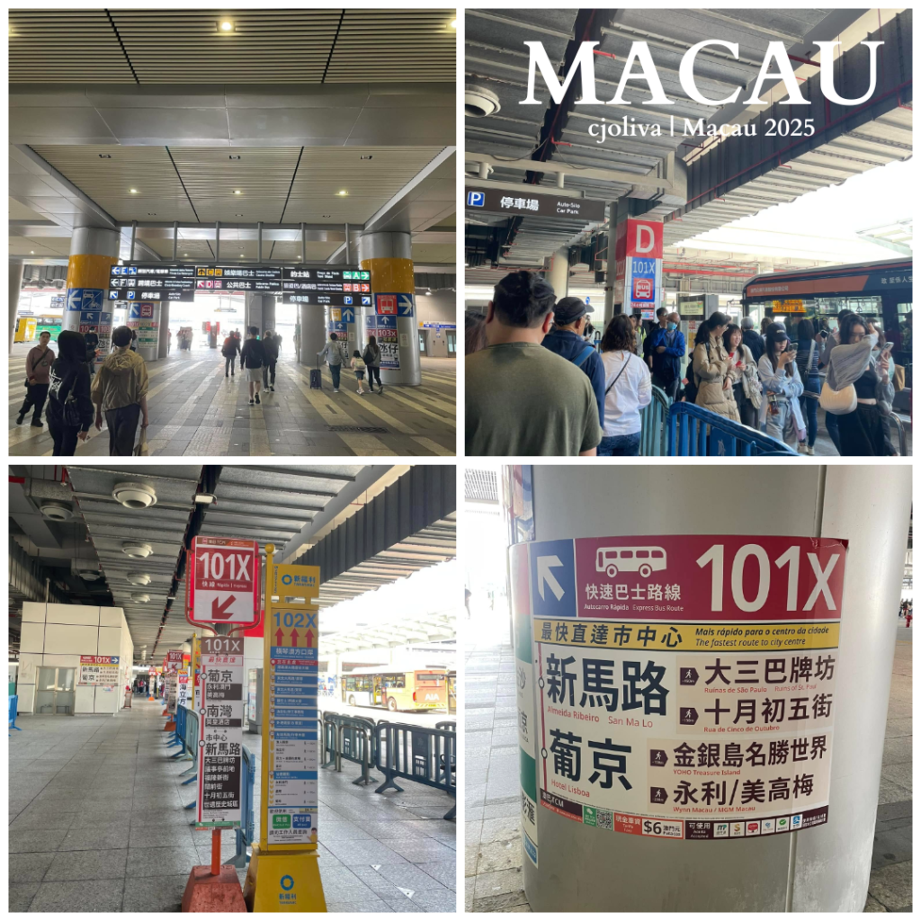 A four-photo collage of the Macau Port bus terminal. Images show the 101X express bus stop, travelers queuing for transport, and a large poster detailing the route to major landmarks like Hotel Lisboa and Almeida Ribeiro.
