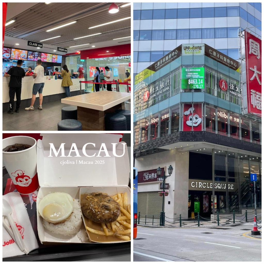 Collage of Jollibee in Macau showing the Circle Square exterior, a busy restaurant interior, and a close-up of a rice meal with burger steak and fries.