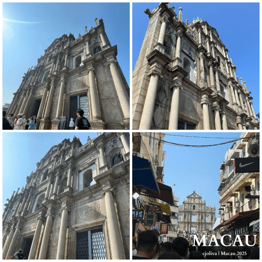 Collage of Macau’s Ruins of St. Paul’s with facade details and a busy street scene.
