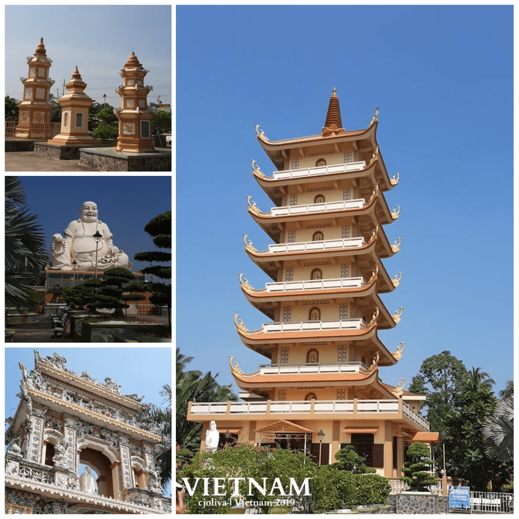Collage of temples and statues visited during the Mekong River Delta Tour, showcasing pagodas, statues, and ornate temple gates under a clear blue sky.