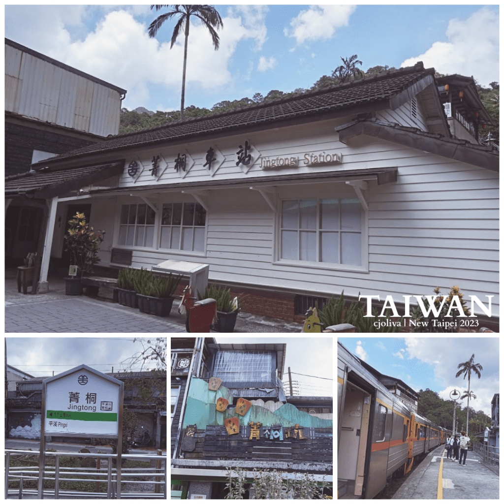 Collage of Jingtong Station in New Taipei, Taiwan, featuring a white wooden station building with a tiled roof and potted plants; signage reading “Jingtong Station"; decorative wooden plaques on a nearby building; and a train at the platform with a palm tree backdrop.