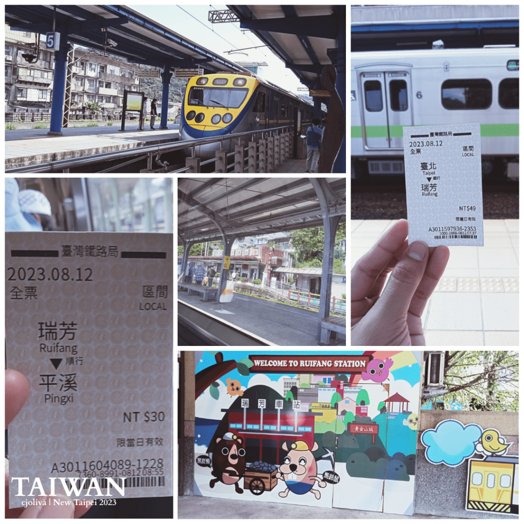 Collage of Ruifang Station in New Taipei, Taiwan, featuring yellow‑blue and white‑green trains at platforms, close‑ups of railway tickets, station architecture, and the colorful “Welcome to Ruifang Station” mural.