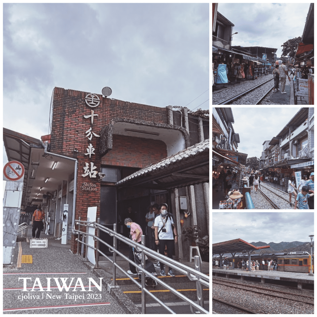 Collage of Shifen Station in New Taipei, Taiwan featuring red‑brick station building with signage, people entering and exiting, railway tracks lined with shops and stalls, visitors walking along tracks, and train platform with yellow train and mountain backdrop.