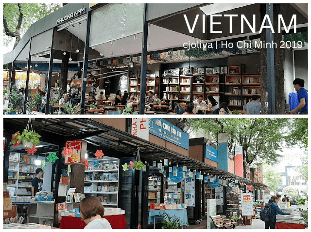 Vietnam street food and culture are reflected in Ho Chi Minh City’s book street collage, showing Phuong Nam café, outdoor book stalls, colorful lanterns, and people browsing books.