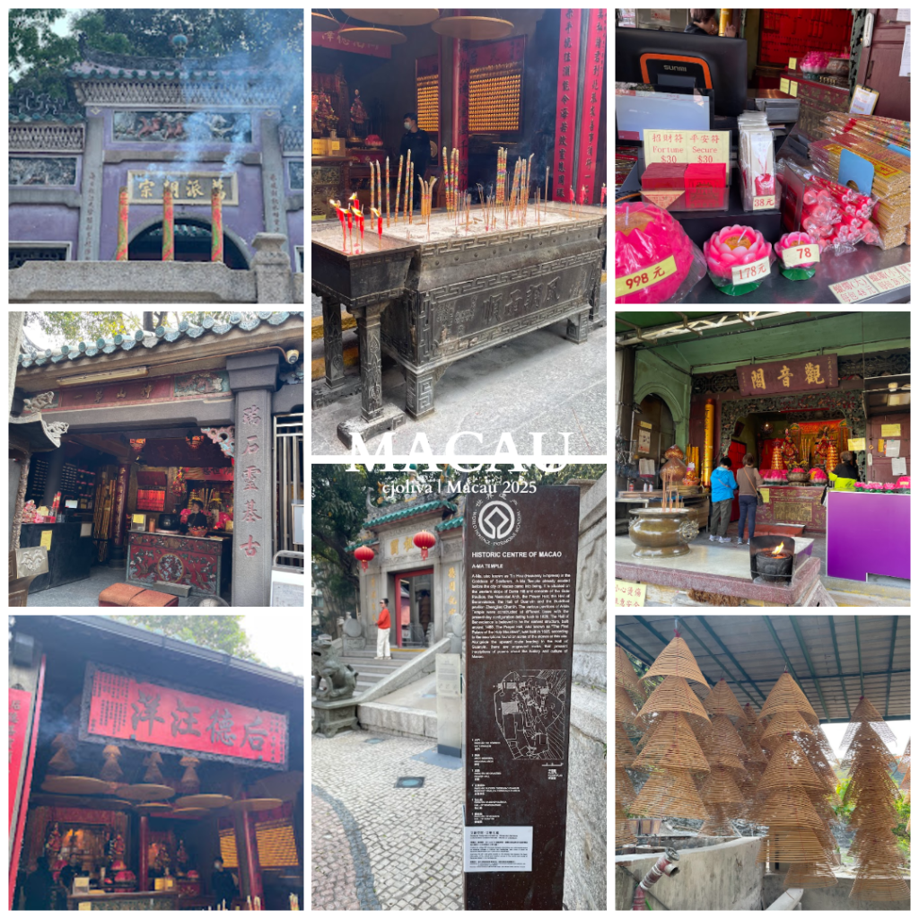 A collage of eight photos from A-Ma Temple in Macau showing large incense burners, traditional red and gold interior altars, hanging spiral incense coils, and a UNESCO World Heritage information plaque.