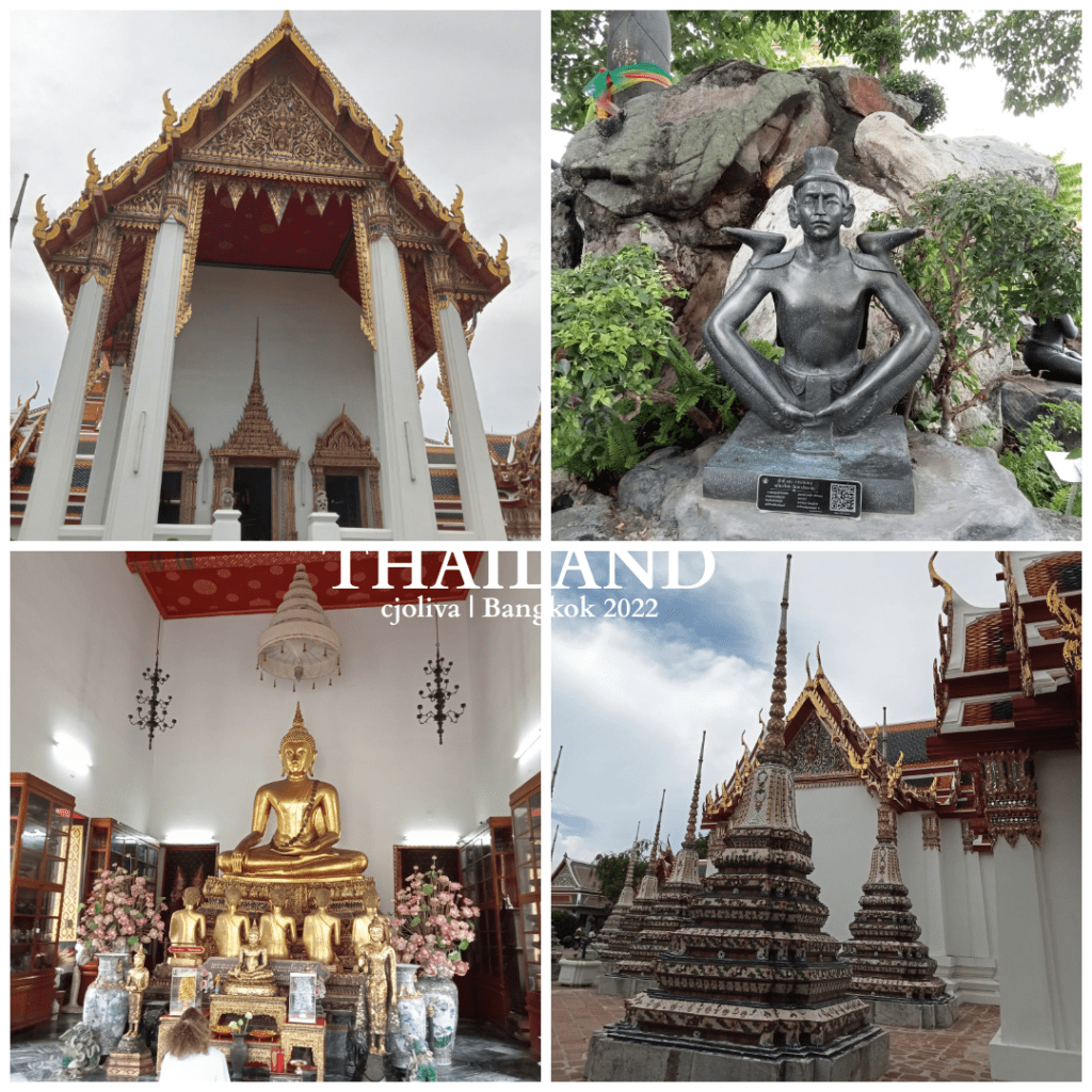Collage of Bangkok temples including ornate architecture, Buddha statues, meditative figure, and colorful stupas at Wat Pho