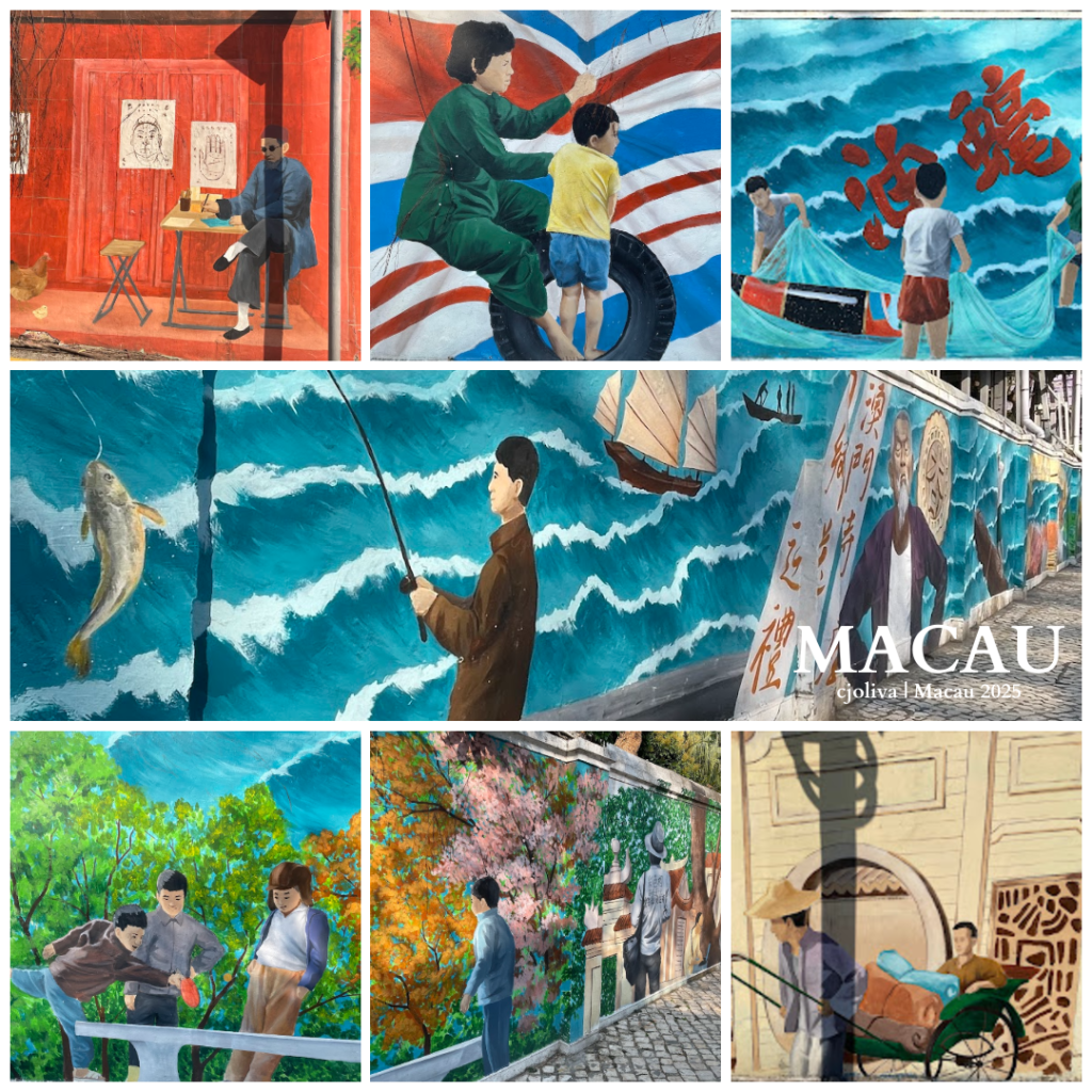 A collage of six murals in the Barra District of Macau, depicting scenes of traditional life including fishing, street vendors, family moments, and historical figures in a vibrant, painterly style.