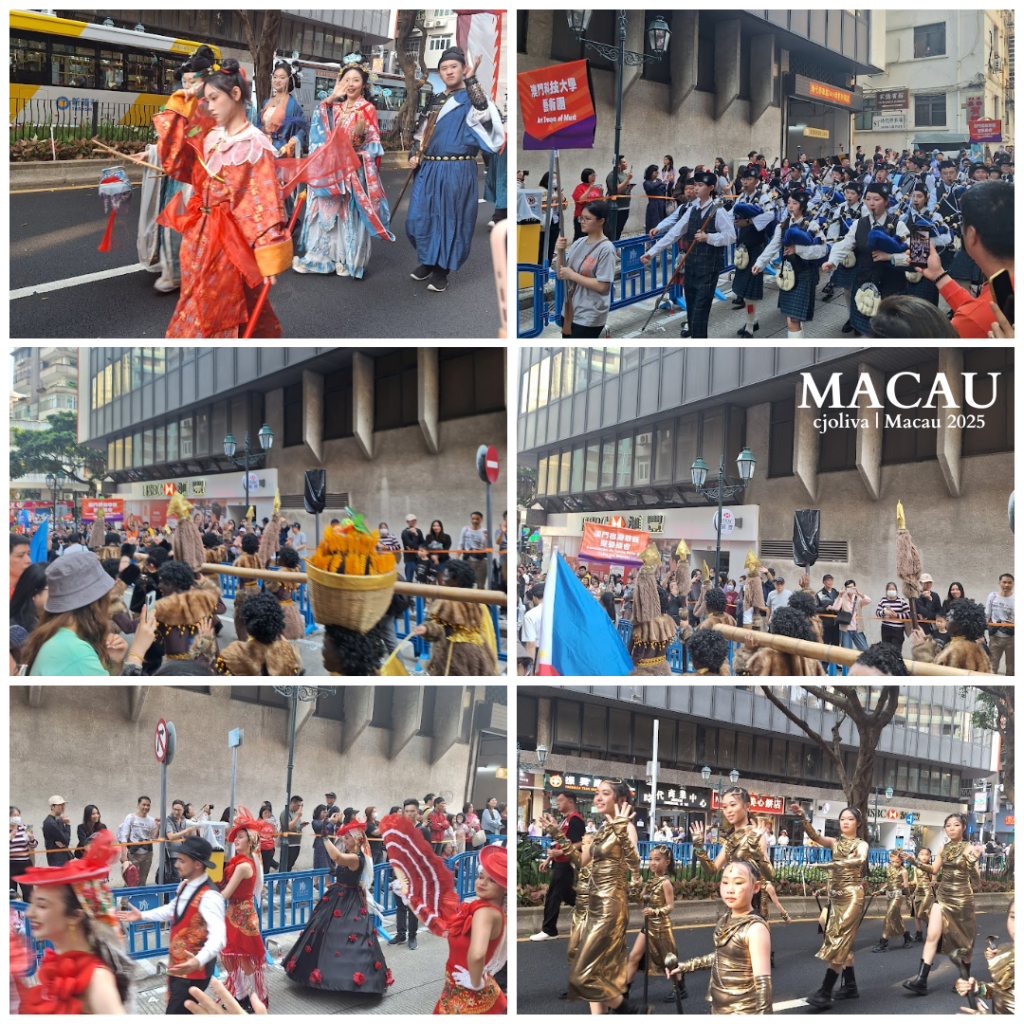 A colorful parade scene in Macau featuring performers in elaborate costumes, large artistic installations, and a cheering crowd along the historic streets near the Ruins of St. Paul's.