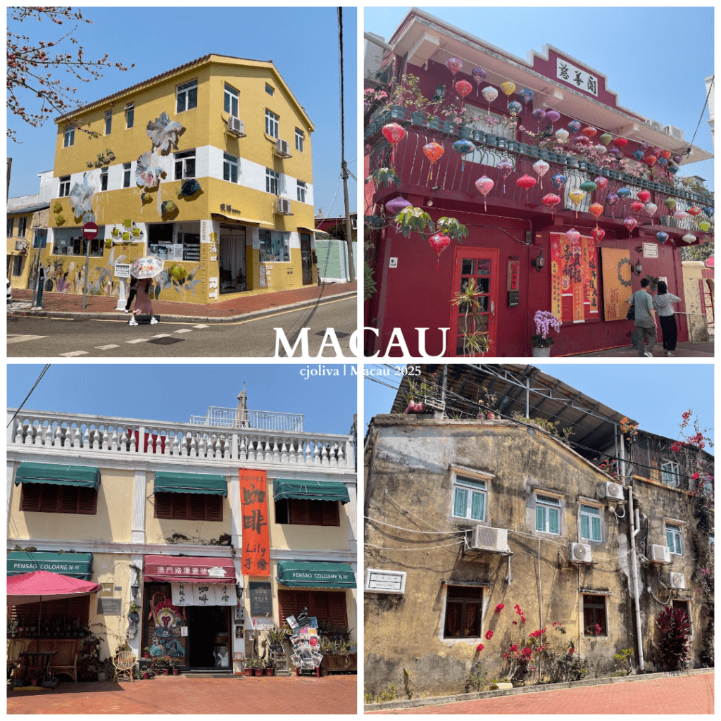 Collage of Coloane’s colorful houses in Macau, featuring pastel façades with murals, lanterns, cafés, and heritage-style architecture.