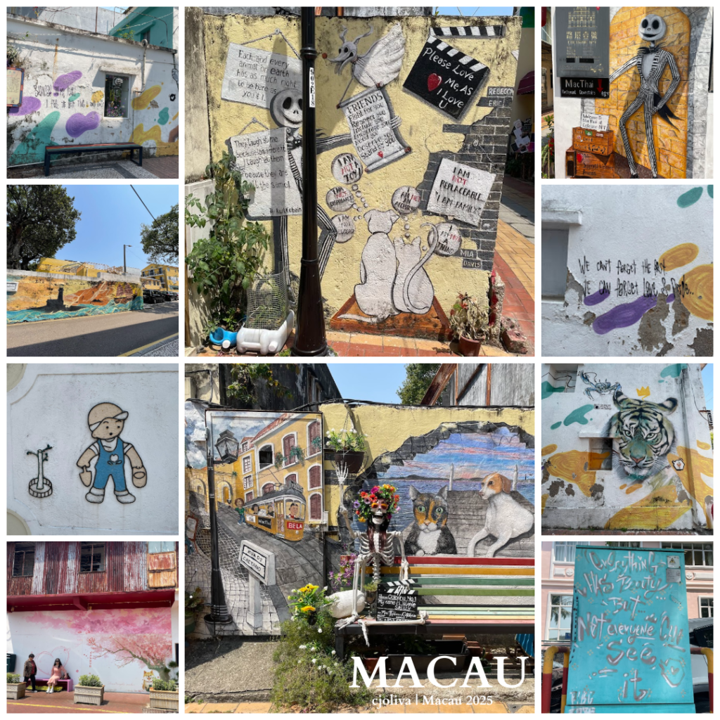 Collage of vibrant mural paintings on Coloane’s pastel houses in Macau, featuring whimsical characters, cultural motifs, and inspiring quotes.