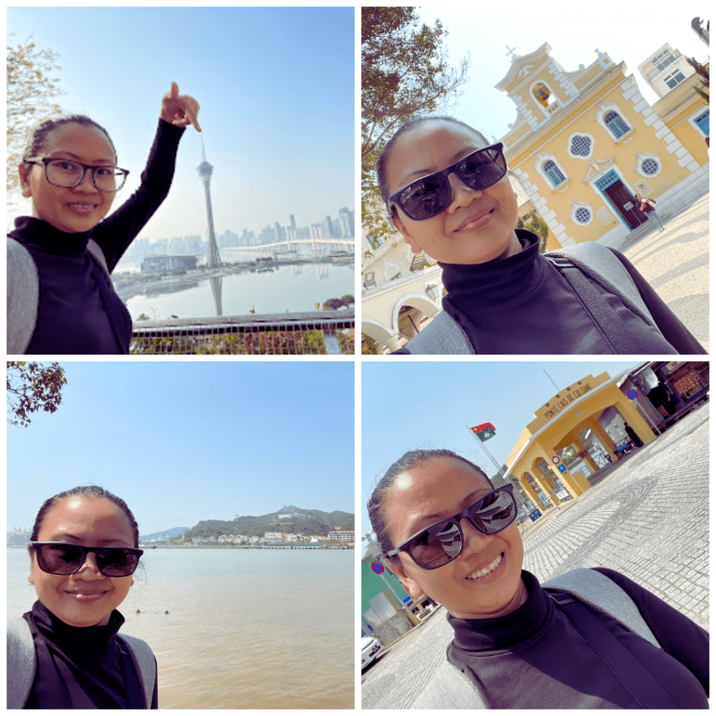 Collage of Macau travel photos showing a person pointing at Macau Tower, standing in front of a yellow church, posing near a waterfront, and at the Portas do Cerco border gate with the Macau flag.