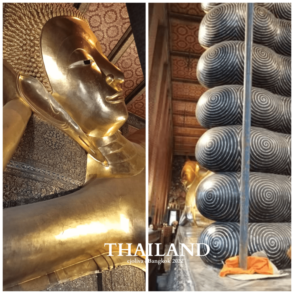 Split photo of Reclining Buddha at Wat Pho showing golden face and upper body on the left, and intricately decorated soles of the feet on the right inside ornate temple hall