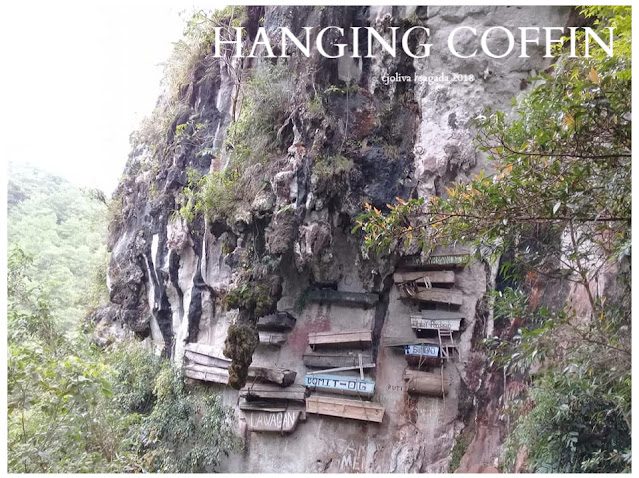 Traditional hanging coffins attached to the cliffside in Buscalan, Kalinga, surrounded by greenery and rocky terrain.