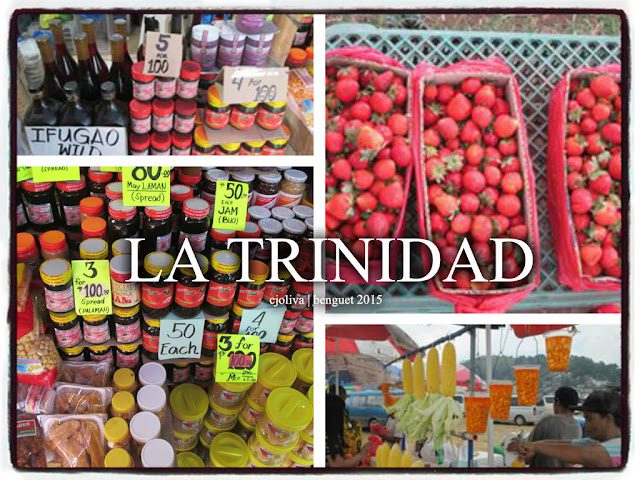 Collage of La Trinidad market scenes showing Ifugao wine bottles, jars of jams and spreads with handwritten price tags, baskets of fresh strawberries, and stalls selling corn and fruit cups.