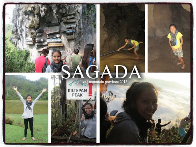Collage of Sagada highlights including hanging coffins, cave exploration, the Kiltepan Peak sign, sunrise views, and travelers enjoying outdoor landscapes in Mountain Province, Philippines.