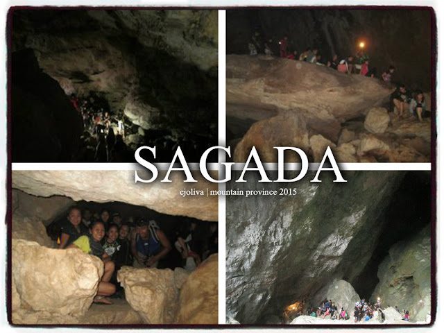 Collage of four photos showing groups of people exploring dark and rocky caves in Sagada, Mountain Province, in 2015 with flashlights and natural rock formations.