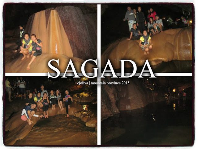 Collage of four photos showing groups of people enjoying and exploring the cave formations and underground river in Sagada, Mountain Province, 2015.