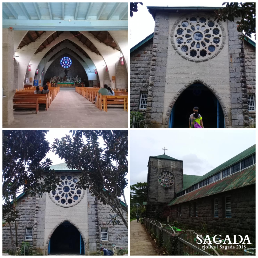 Collage showing various views of Sagada Church: interior with pews and stained glass, and exterior shots featuring stone walls, rose windows, and the church entrance.