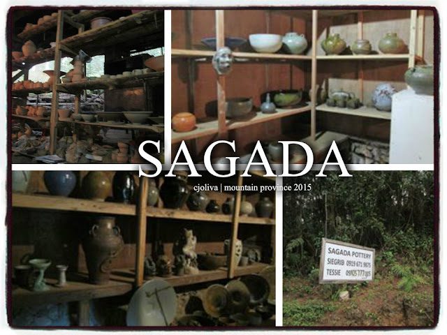 Collage of shelves filled with handmade pottery bowls, vases, and jars in a Sagada workshop, plus an outdoor sign for Sagada Pottery.