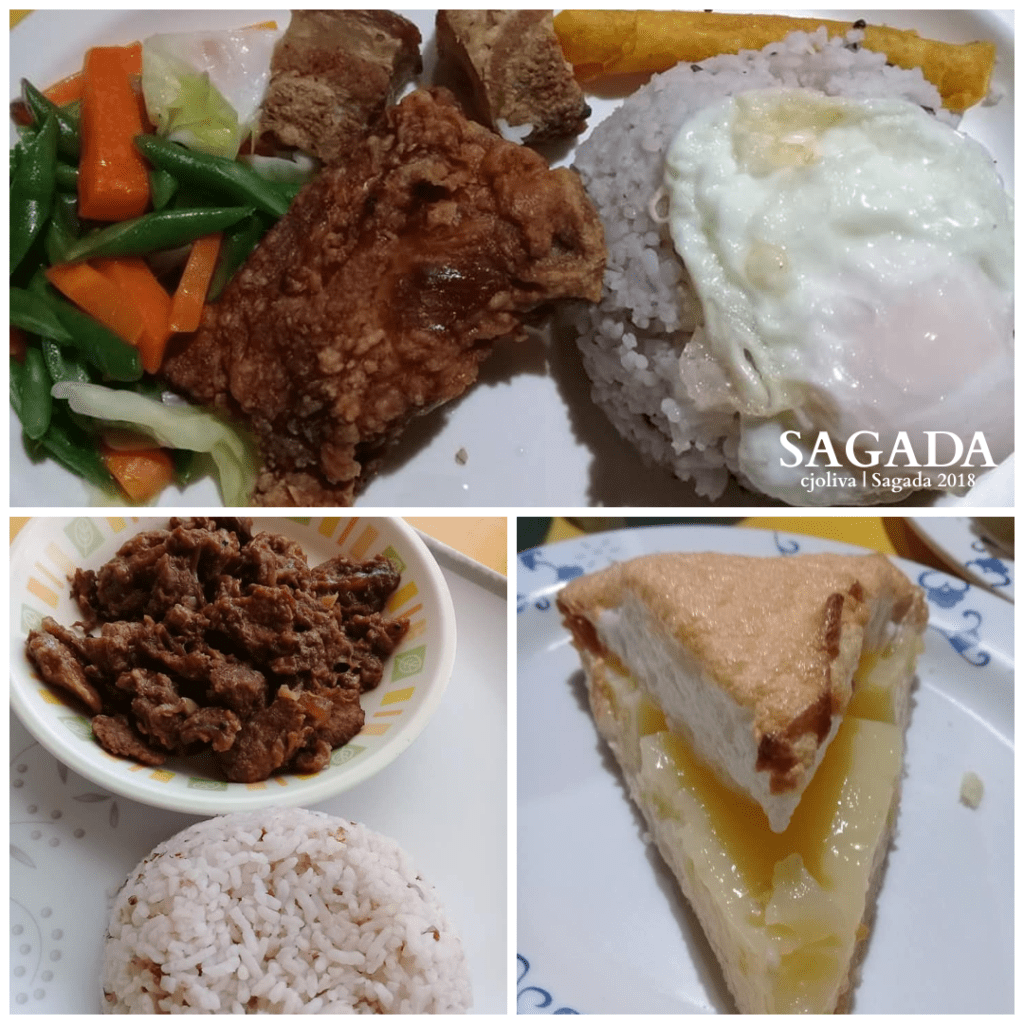Collage of traditional Filipino meals from Sagada: fried chicken with vegetables and rice topped with a fried egg, a bowl of meat stew with rice, and a slice of pineapple meringue pie.