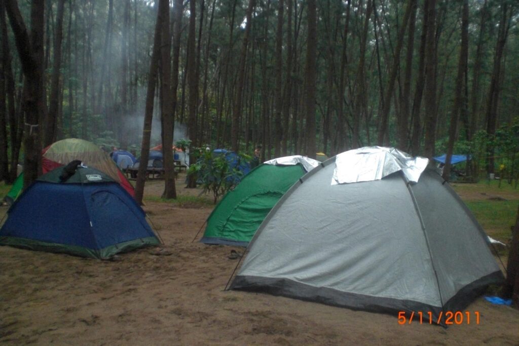 Group camping tents in a forest clearing with campfire smoke rising, dated May 11, 2011