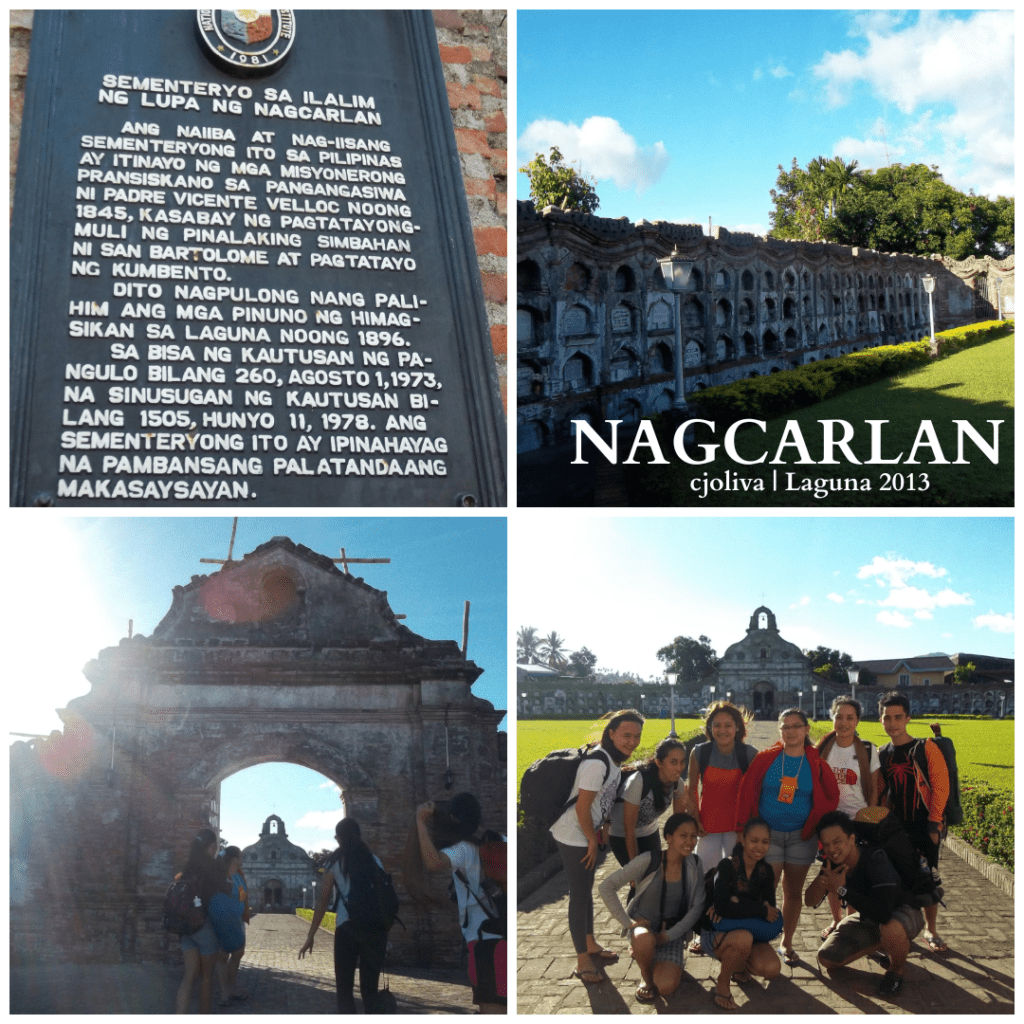 Collage showing the historical plaque, cemetery niches, old archway, and a group of visitors at Nagcarlan Underground Cemetery in Laguna, 2013.