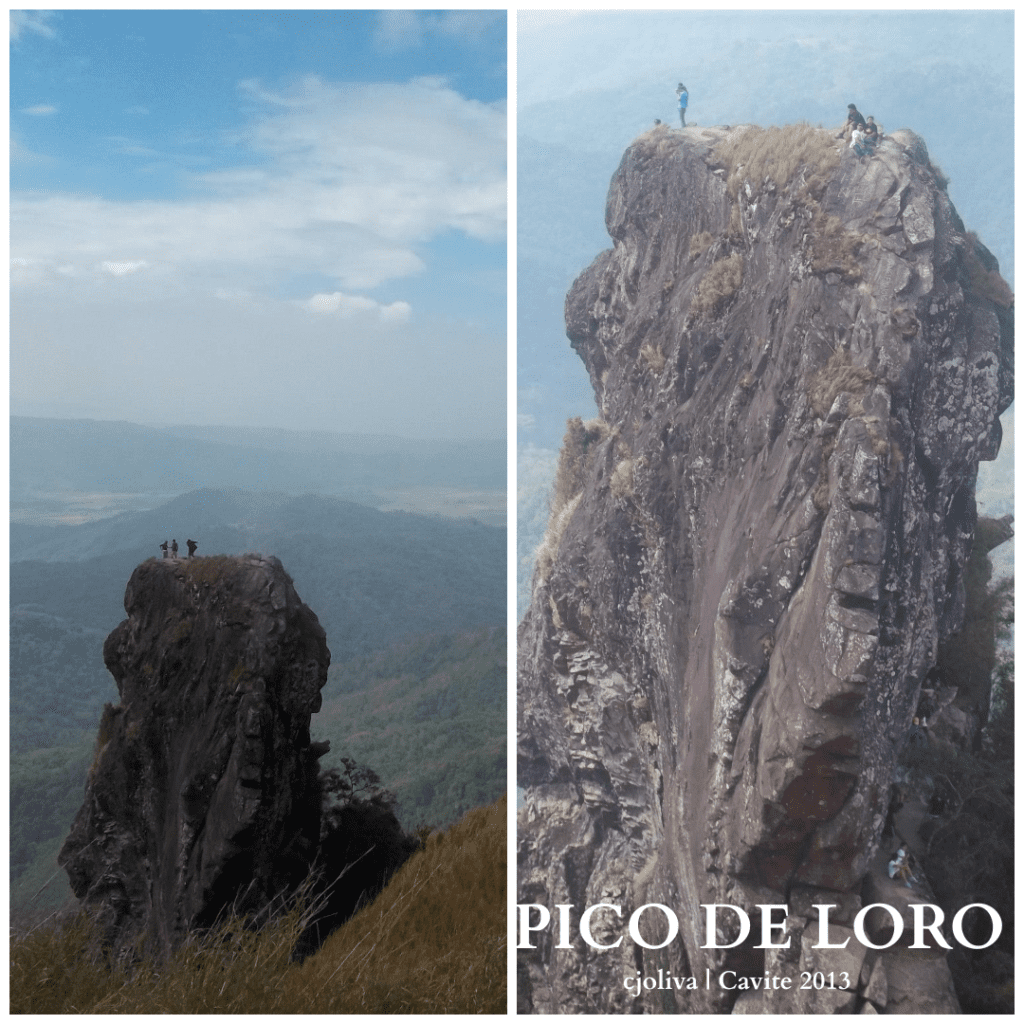 A side-by-side photo comparison of the Pico de Loro monolith showing hikers standing on top of the narrow rocky peak against a mountain backdrop.
