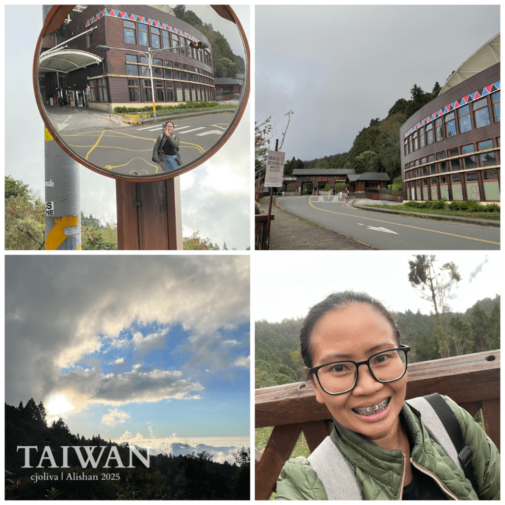 Collage of Alishan, Taiwan showing convex mirror selfie, modern building with colorful roofline, dramatic sky over forest, and close-up portrait in nature