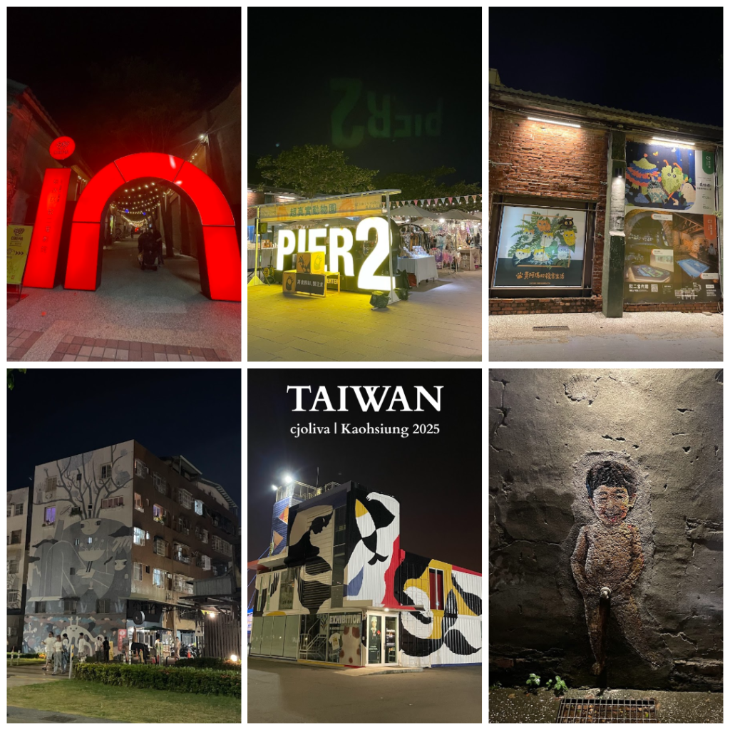 A 2x3 collage of Pier-2 Art Center in Kaohsiung at night, featuring glowing red arches, the Pier2 sign, warehouse murals, and the famous peeing boy statue.